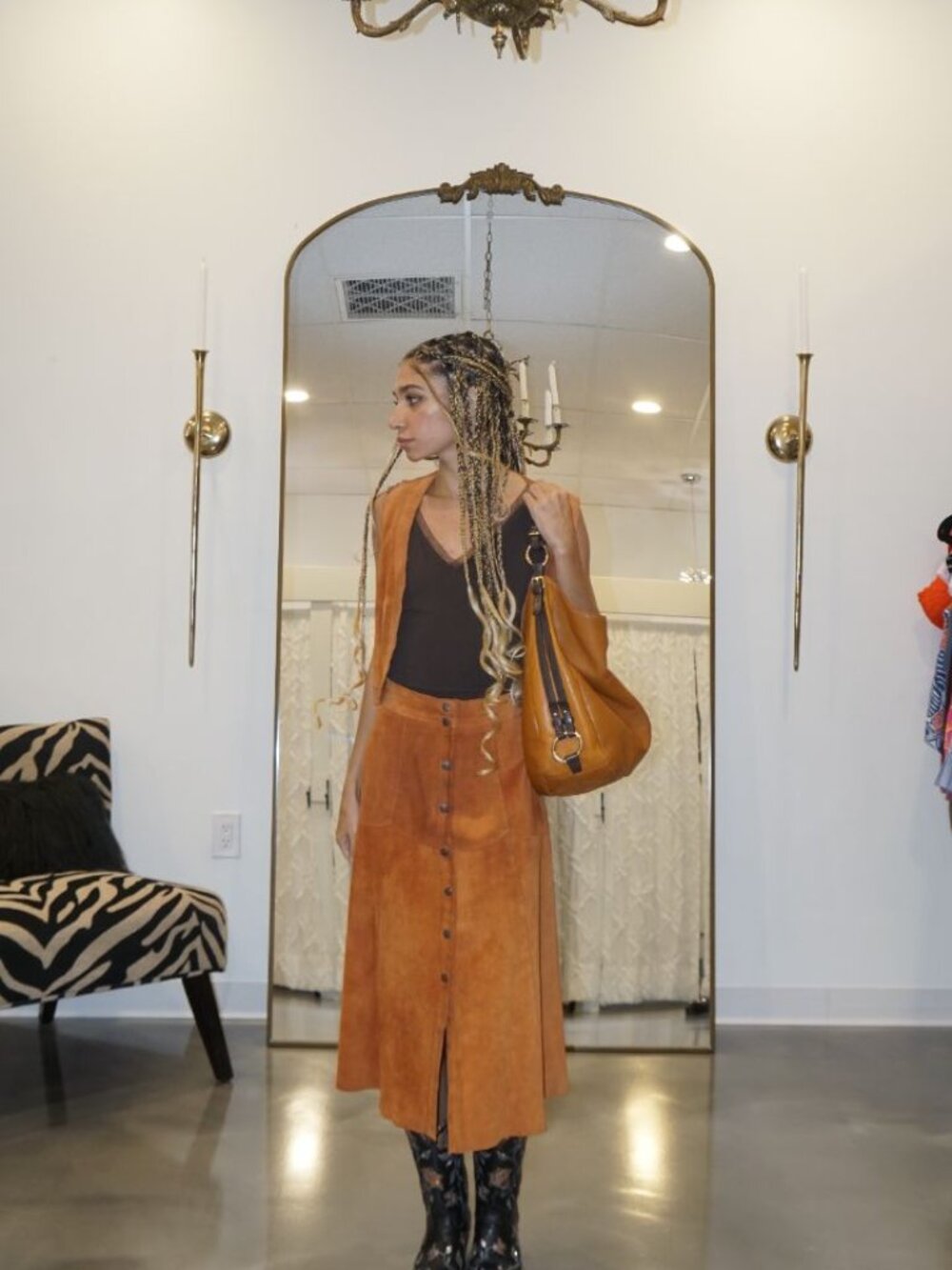 Vintage 60s/70s Suede Vest and Skirt Set Rust Small